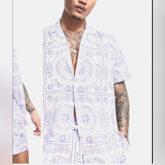 Nautical Print Short Sleeve One-Button Camp Shirt - Picture 3 of 3